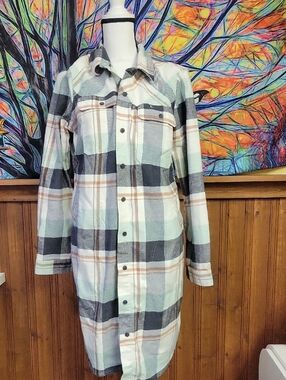 Duluth Trading Co. Women's Long Plaid Shirt Jacket - Mint & Gray Large